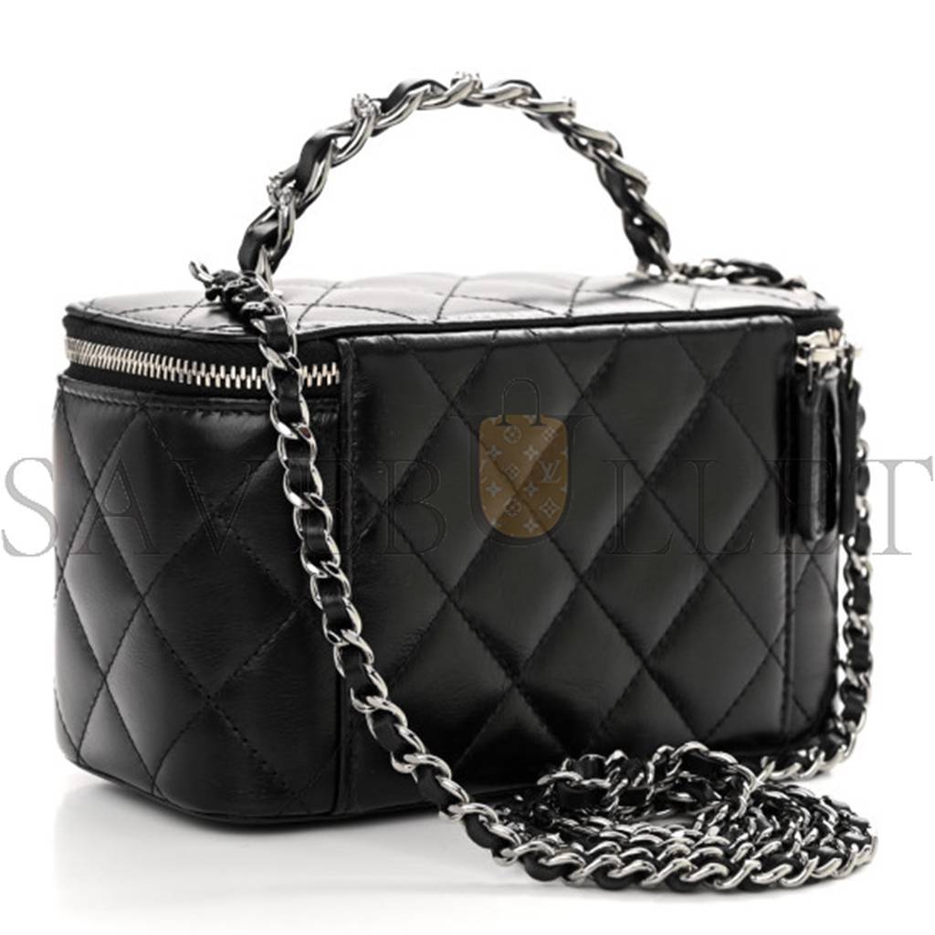 CHANEL MASTER SHINY CALFSKIN QUILTED SMALL CRYSTAL TOP HANDLE VANITY CASE WITH CHAIN BLACK A96030 (17*9.5*7.8cm)